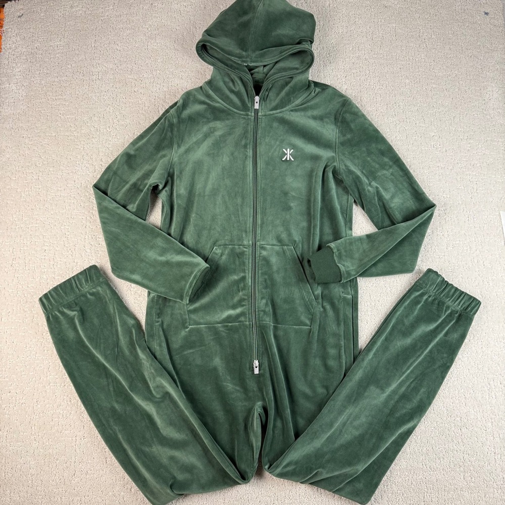 ONEPIECE XS Olive Green Velour Jumpsuit Mens Full Zip Hooded One Piece Romper
